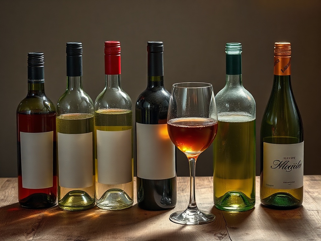 Six natural wine bottles standing on a scuffed wooden table