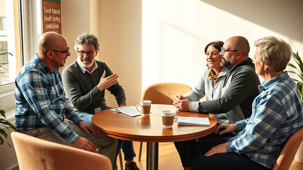 Four students and a teacher around a small table mid-conversation