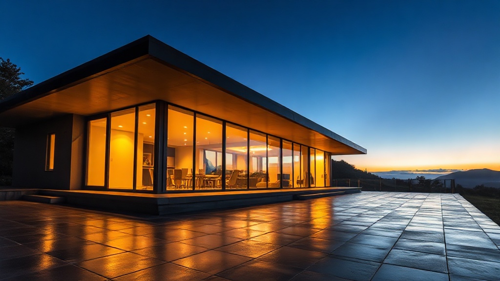 Completed building photographed at dusk