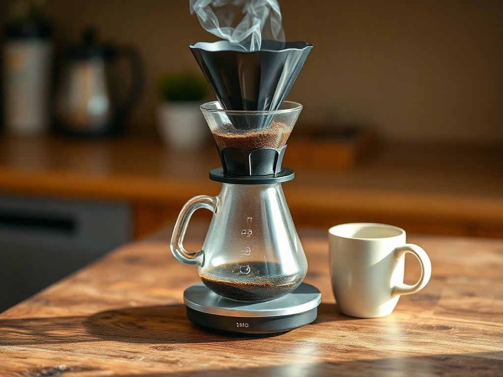 A filter brew resting on a wooden counter