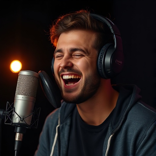 Podcast host recording an episode at a microphone