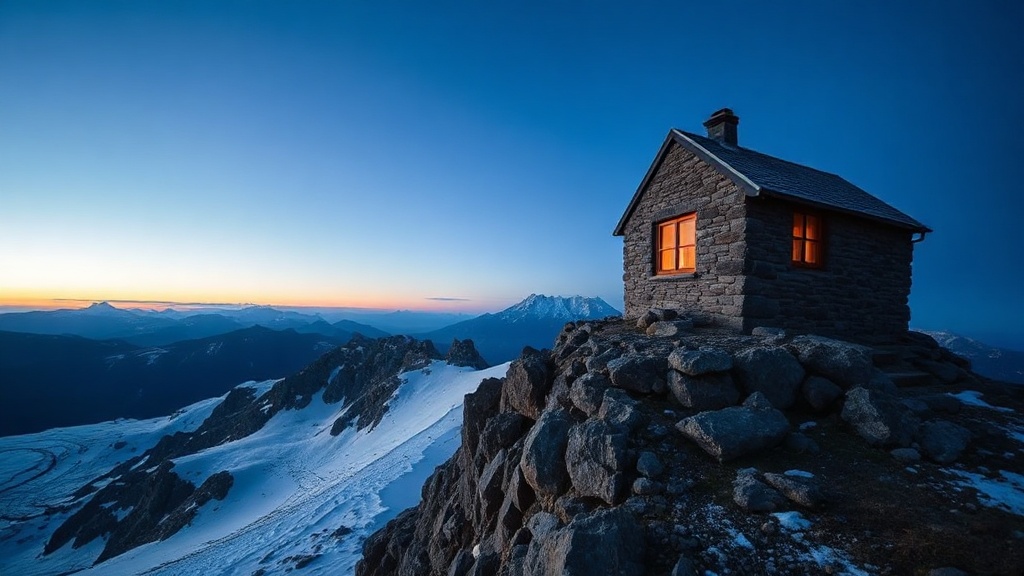 A mountain hut lit from inside at dusk below the ridge