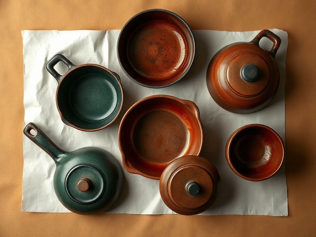 Six stoneware shapes laid out on a linen cloth