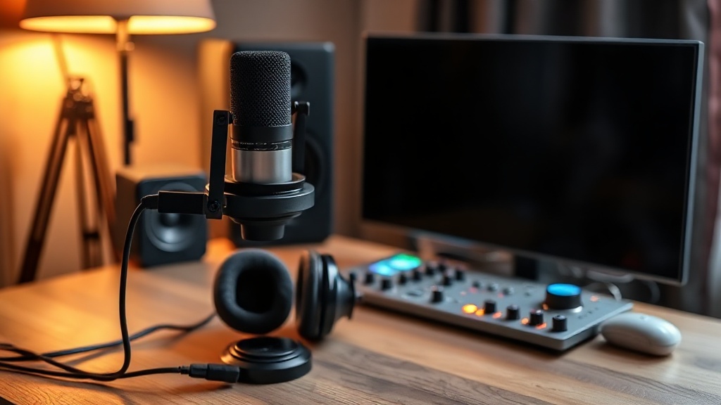 Home studio desk with audio interface and headphones