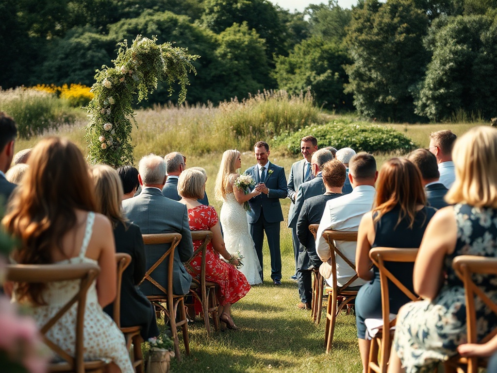 An outdoor wedding ceremony in the meadow at Halcyon Barn