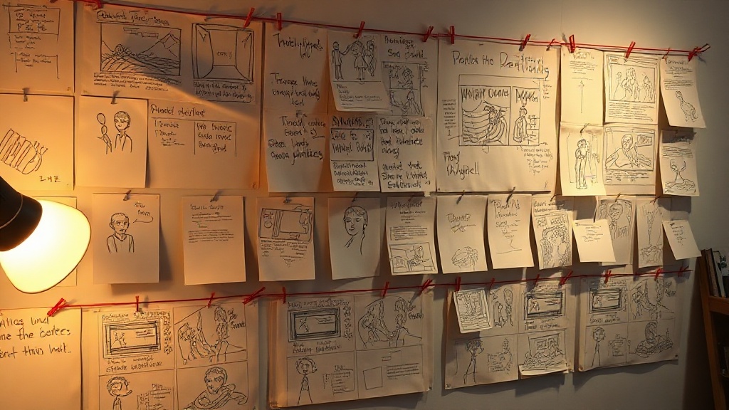 A wall of pinned storyboard panels in a production office