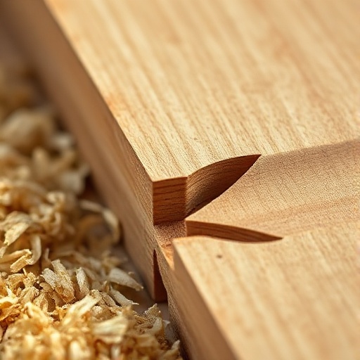 Close view of a hand-cut dovetail joint in oak