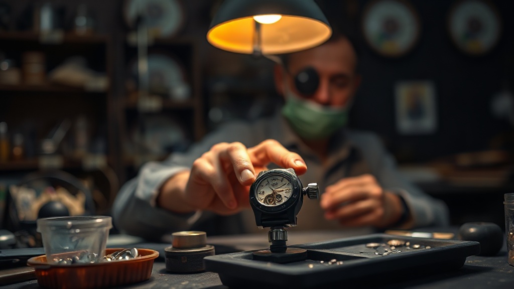Watchmaker’s bench with tools and a movement under inspection