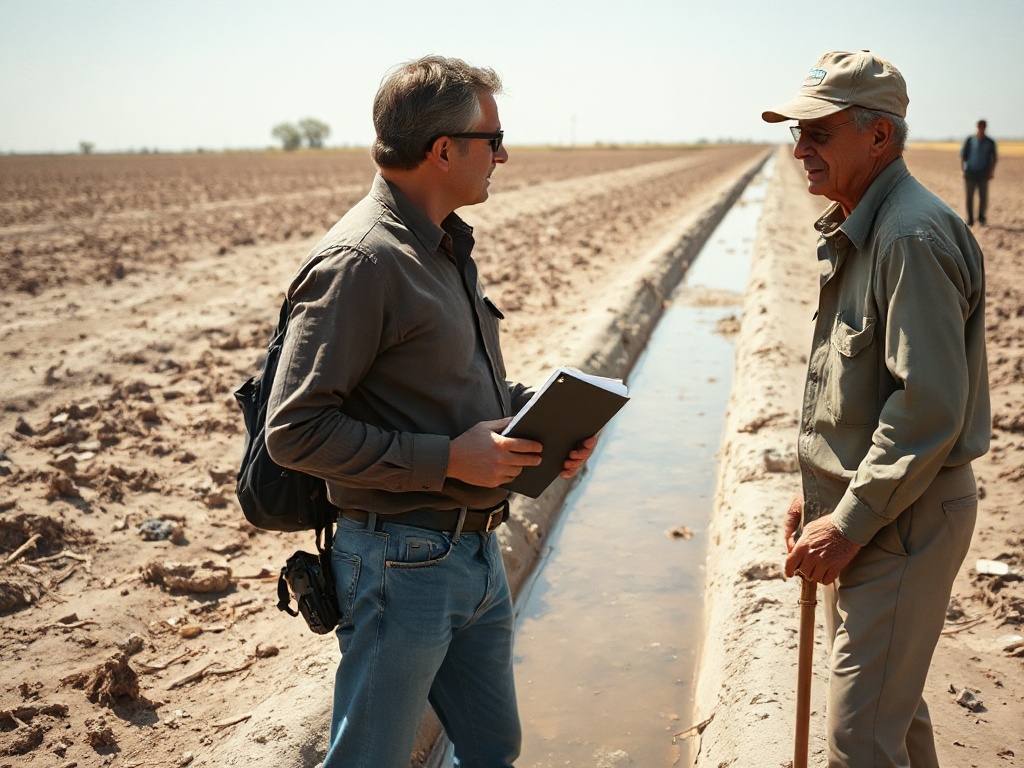A reporter working in the field, notebook in hand