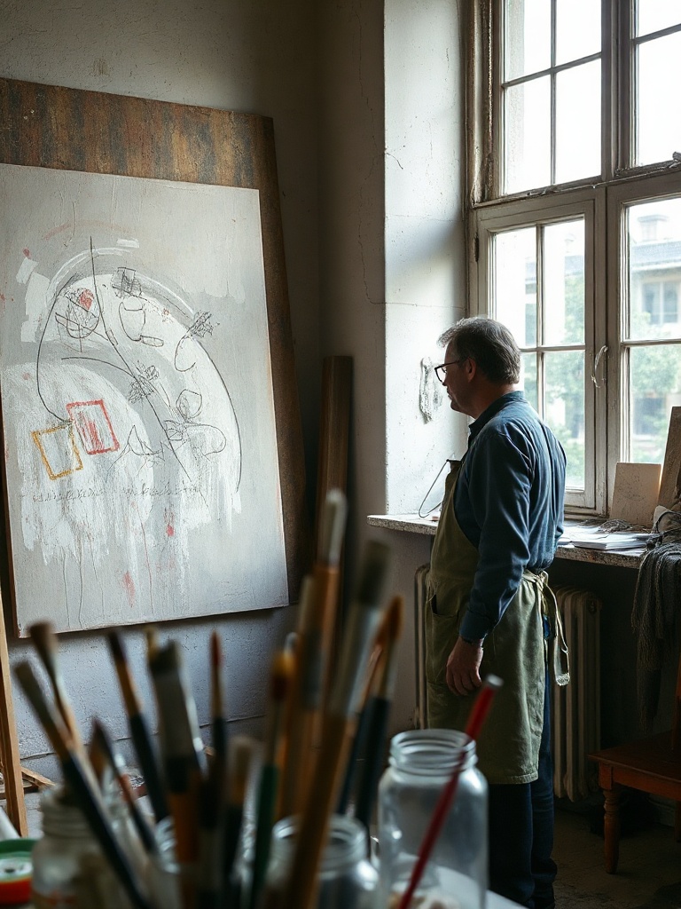 An artist at work in a daylit studio, prints drying on the wall
