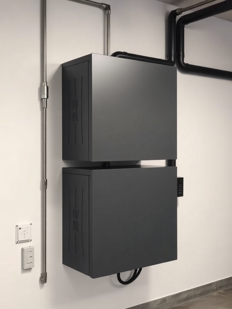 Two stacked Housecell battery modules mounted on a utility room wall
