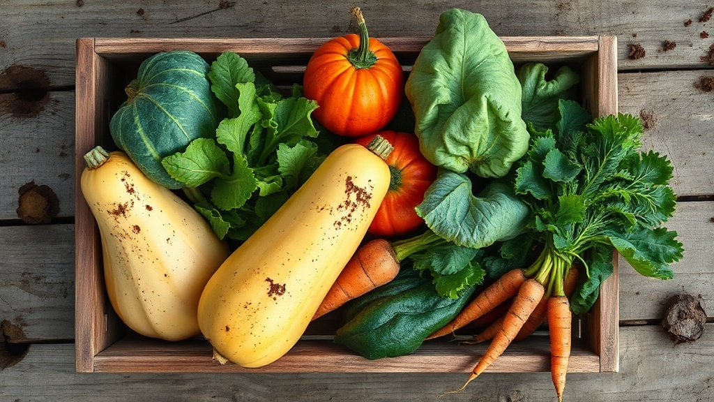 A row of seasonal produce laid out across a bench