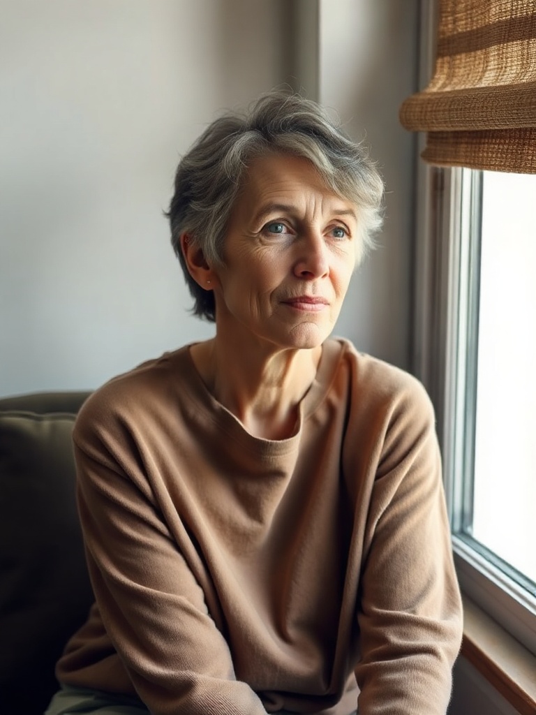 A woman in her fifties sitting calmly by a window