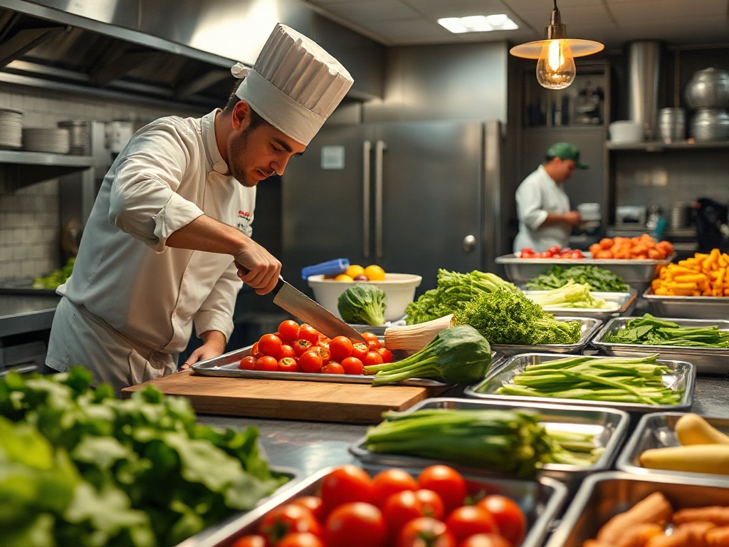 Chef prepping vegetables on a restaurant pass at first light