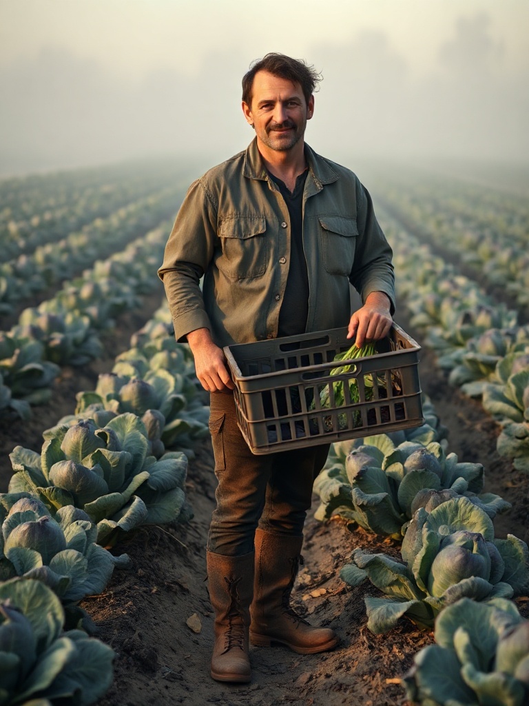 A grower in the field, crates of just-lifted produce beside them