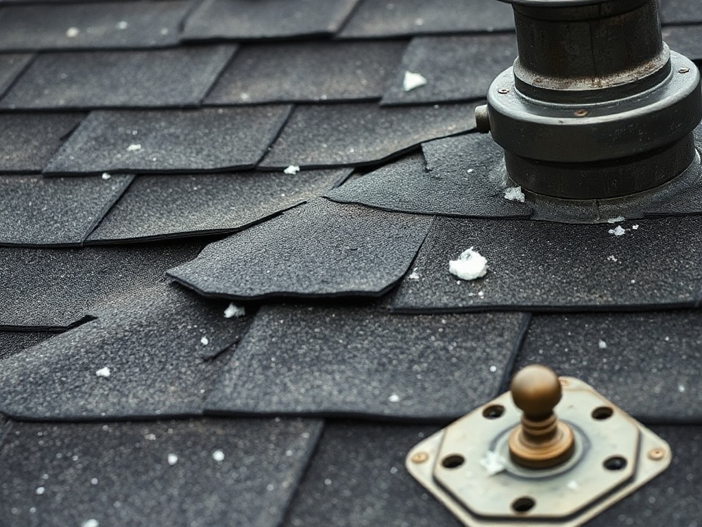 Close detail of storm-damaged shingles with granule loss