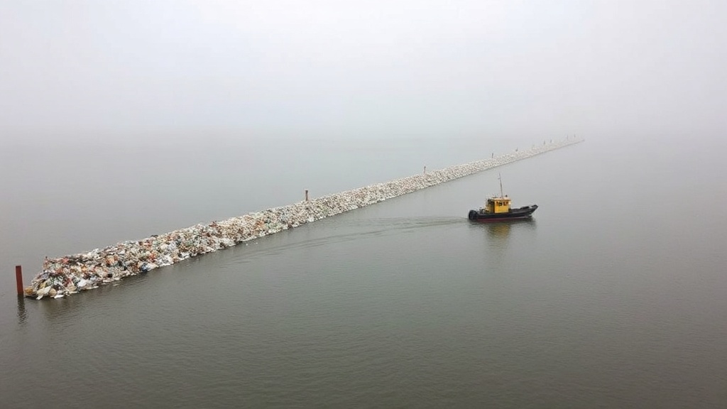 A Saltmarrow interception boom strung across a river mouth, catching floating plastic on the ebb tide