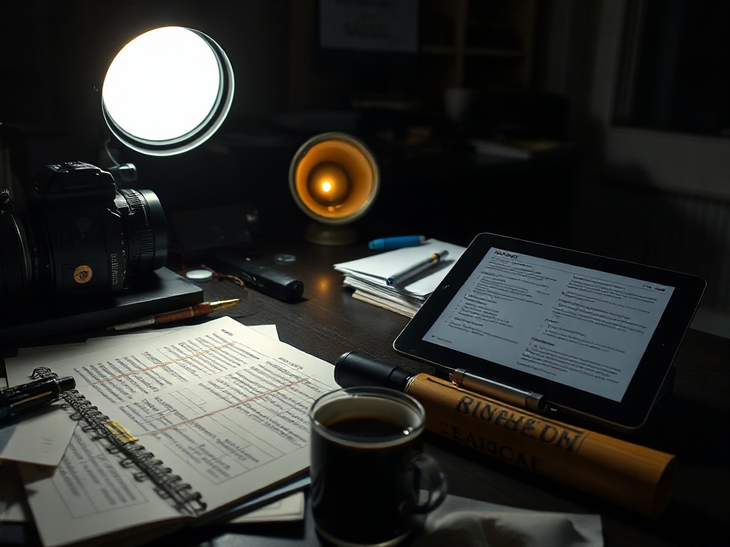 A director’s desk with a marked-up script and boards
