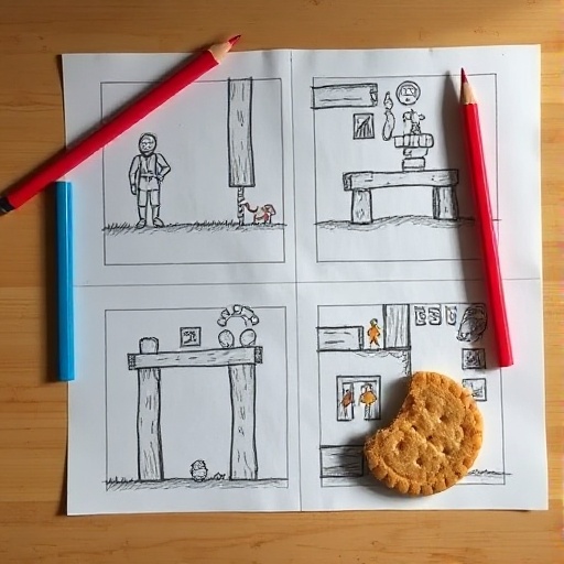 A desk covered in hand-drawn game sketches and level plans