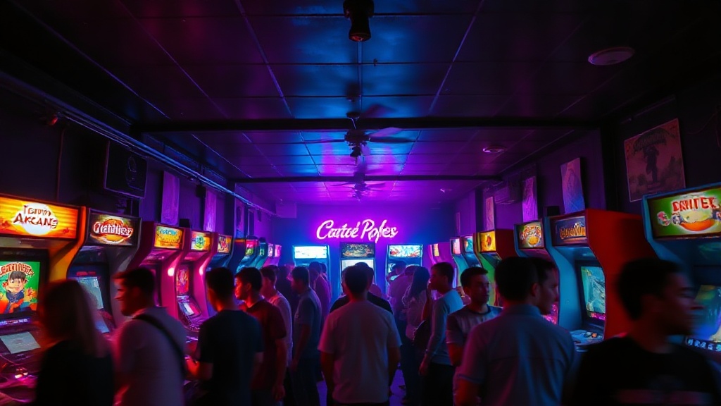 Rows of lit arcade cabinets on the Quarter Inserted floor