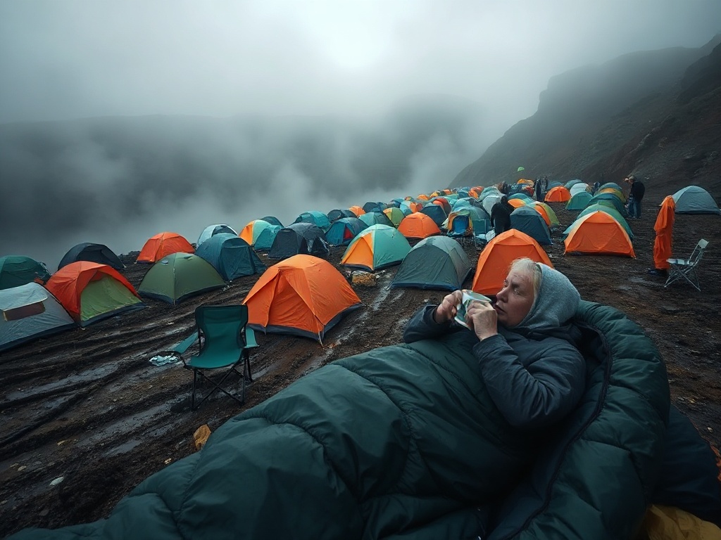 Tents in the quarry campsite at first light