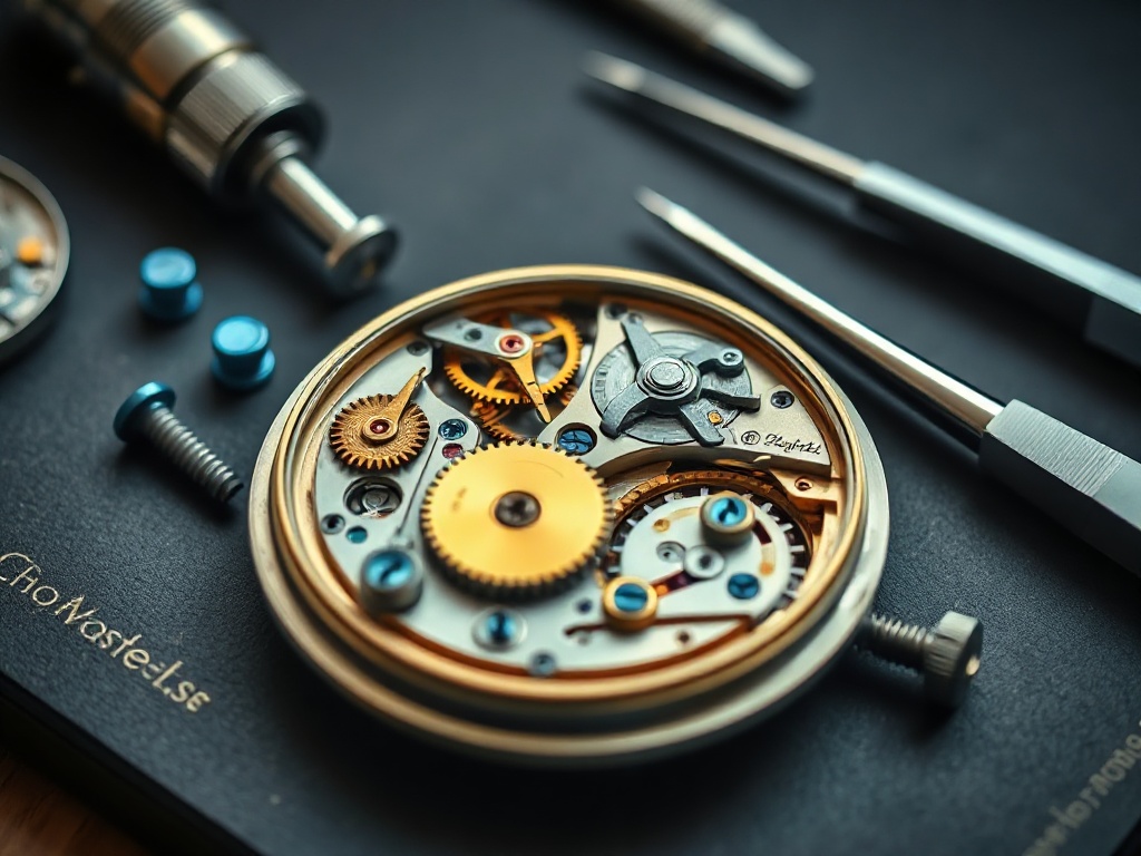 Open mechanical watch movement photographed during inspection