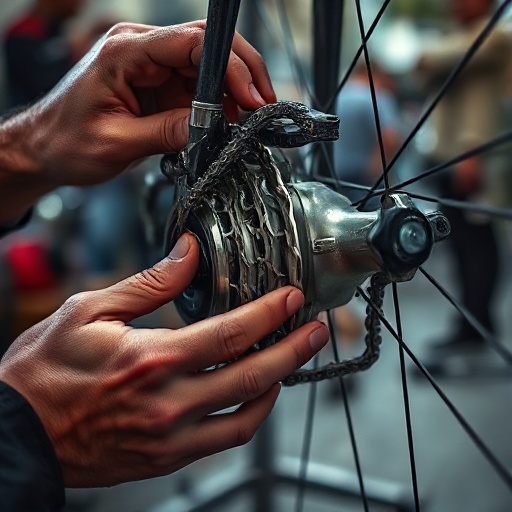 Mechanic hands adjusting a bicycle derailleur at the kerb