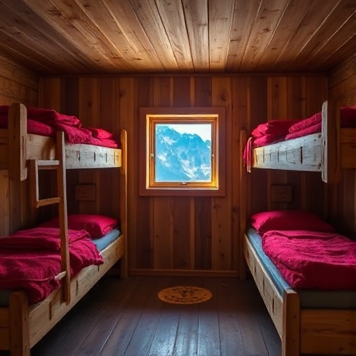 Bunks made up in a shared alpine hut dormitory