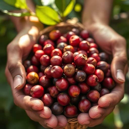 Ripe coffee cherries on the branch
