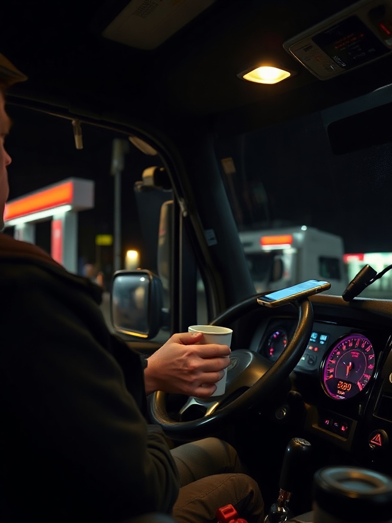 Owner-operator driver in the cab of an artic at a truck stop