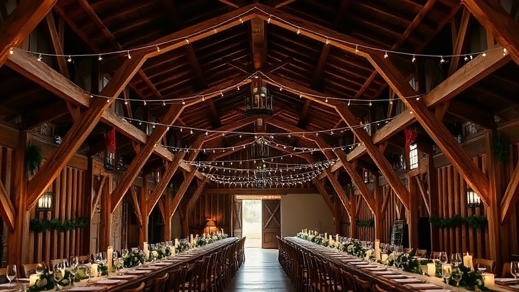 Halcyon Barn dressed for a wedding: long trestle tables running the length of a 17th century oak truss roof strung with festoon lights
