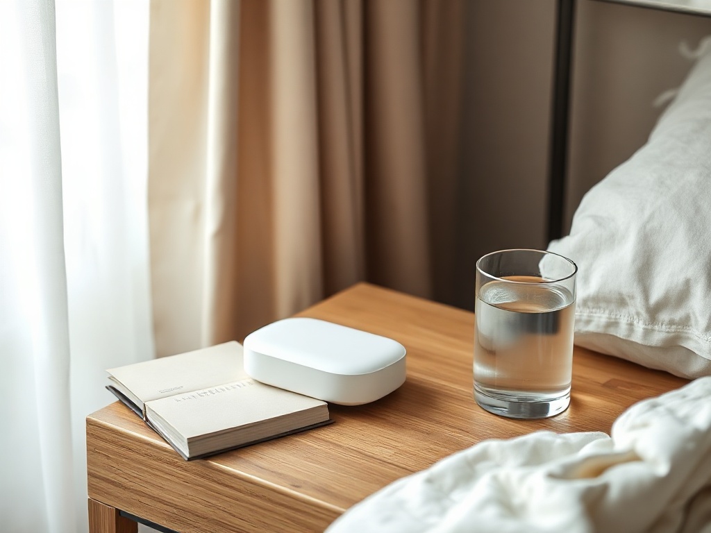 Quiet Night A2 CPAP machine on a bedside table at night