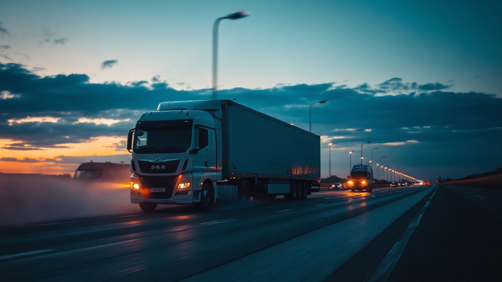 Articulated lorry on a motorway at dusk