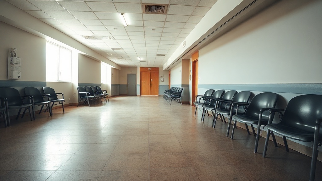 A quiet tribunal corridor with rows of empty chairs