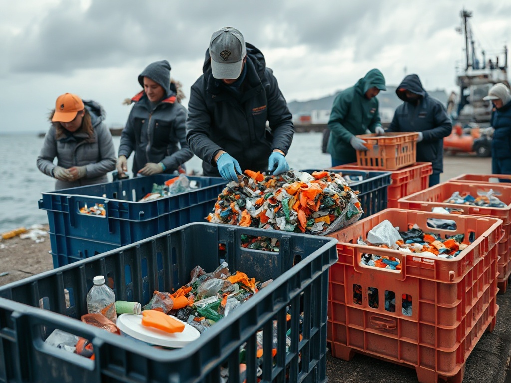Volunteers hand-sorting recovered plastic into type-graded bags on a windy hard standing