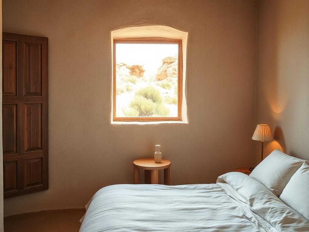 Interior of an adobe guest room with plastered walls and linen bedding