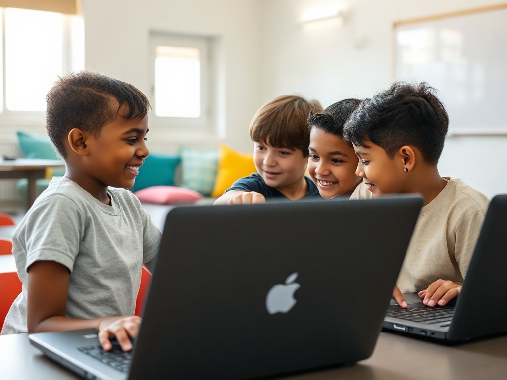 Two kids at a laptop building a game together in an after-school club room