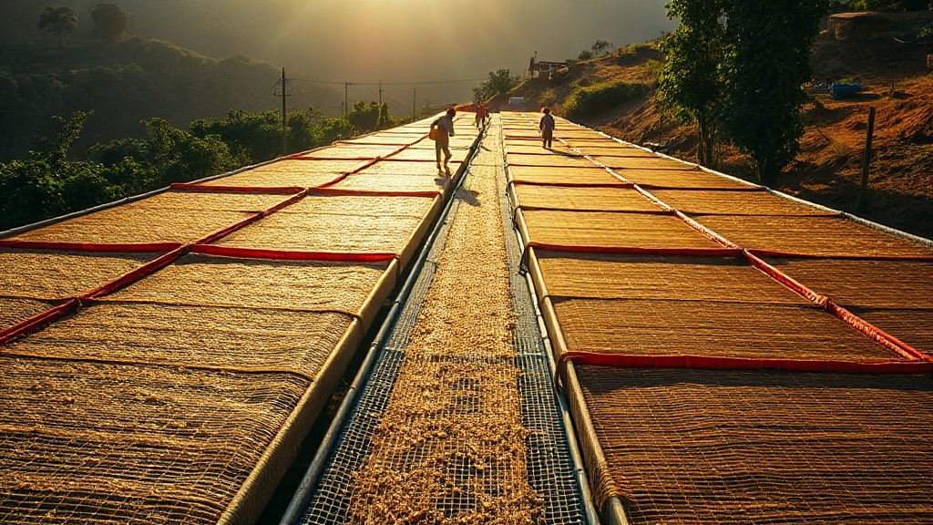 Parchment coffee drying on raised beds