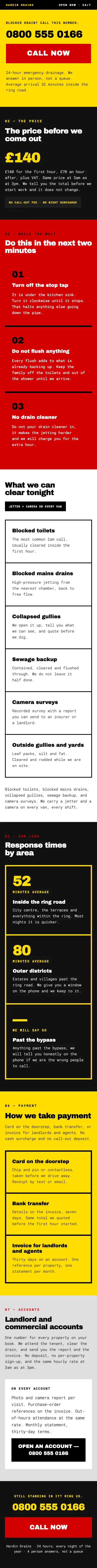 Full-page mobile capture of the Hardin Drains landing page