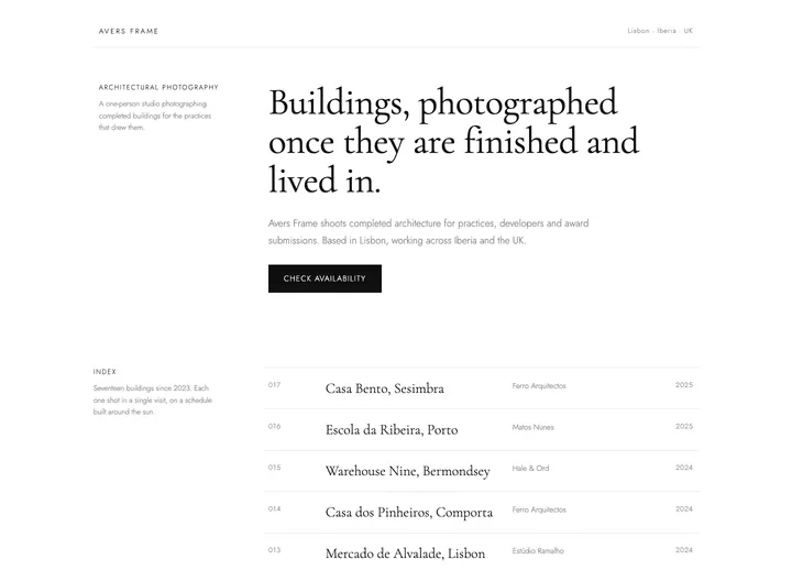 Top of the Avers Frame landing page