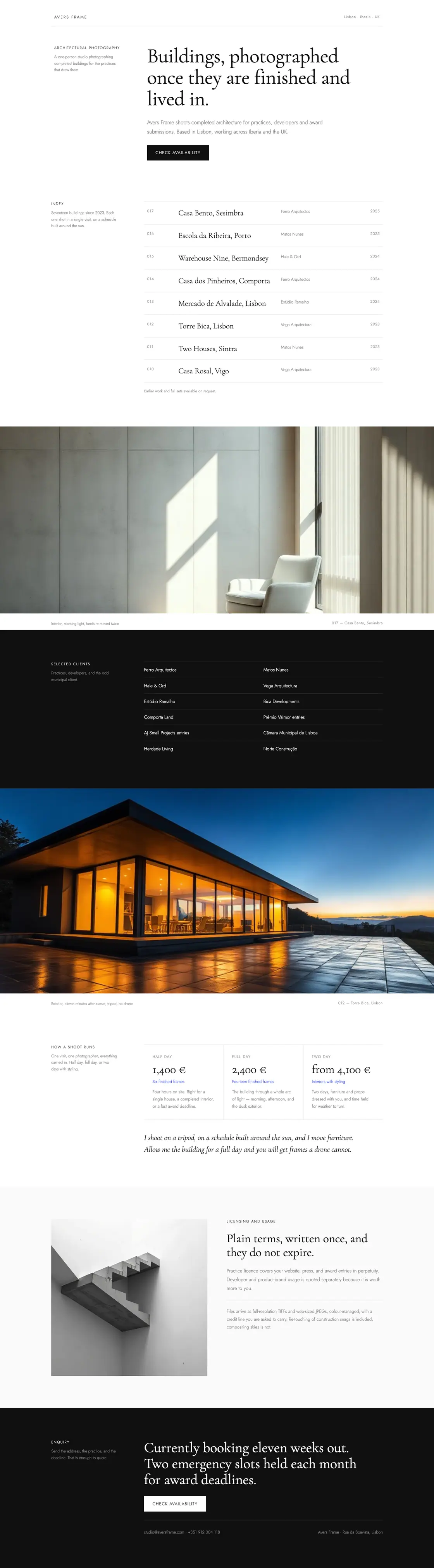 Full-page desktop capture of the Avers Frame landing page