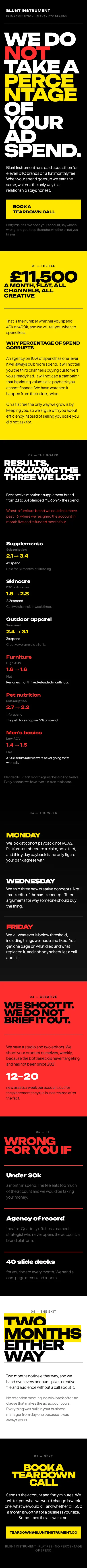 Full-page mobile capture of the Blunt Instrument landing page