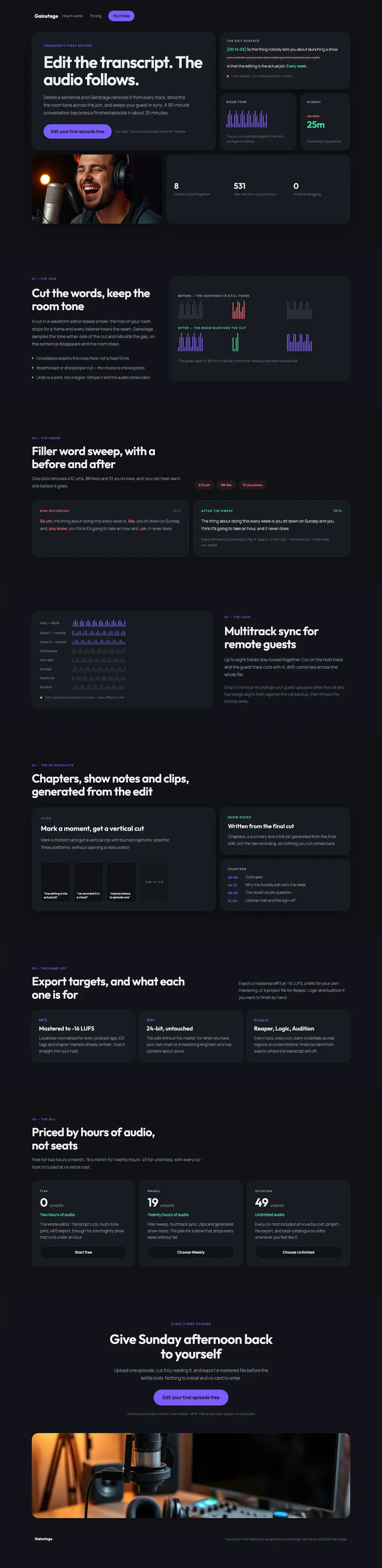 Full-page desktop capture of the Gainstage landing page
