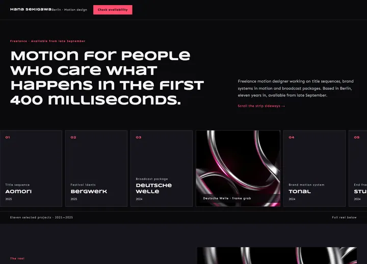 Top of the Hana Sekigawa landing page