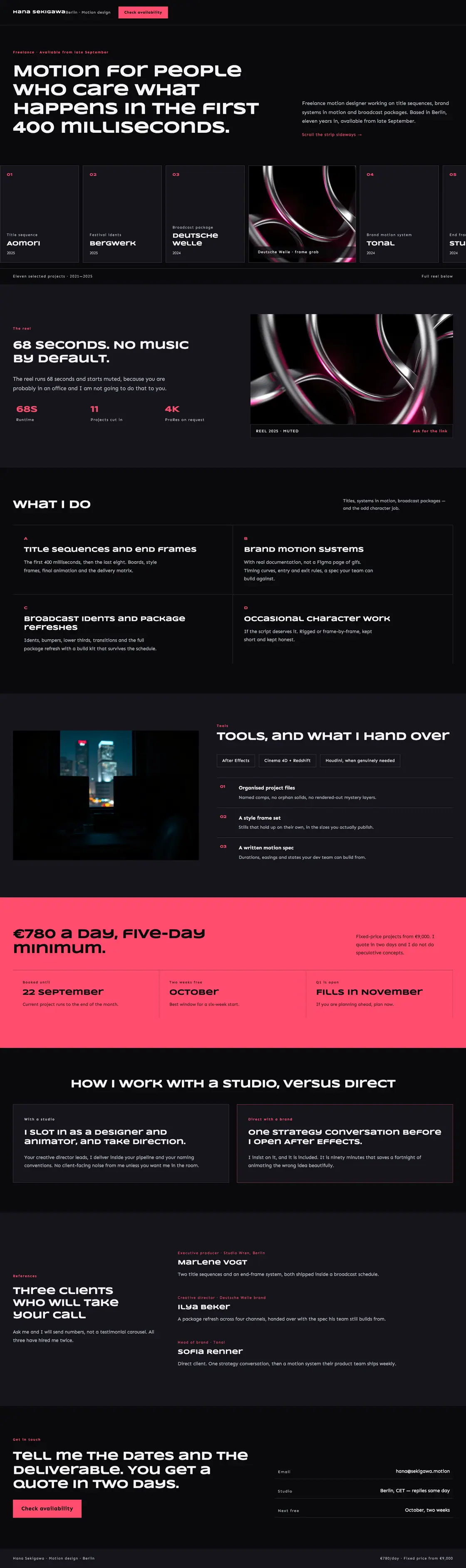 Full-page desktop capture of the Hana Sekigawa landing page