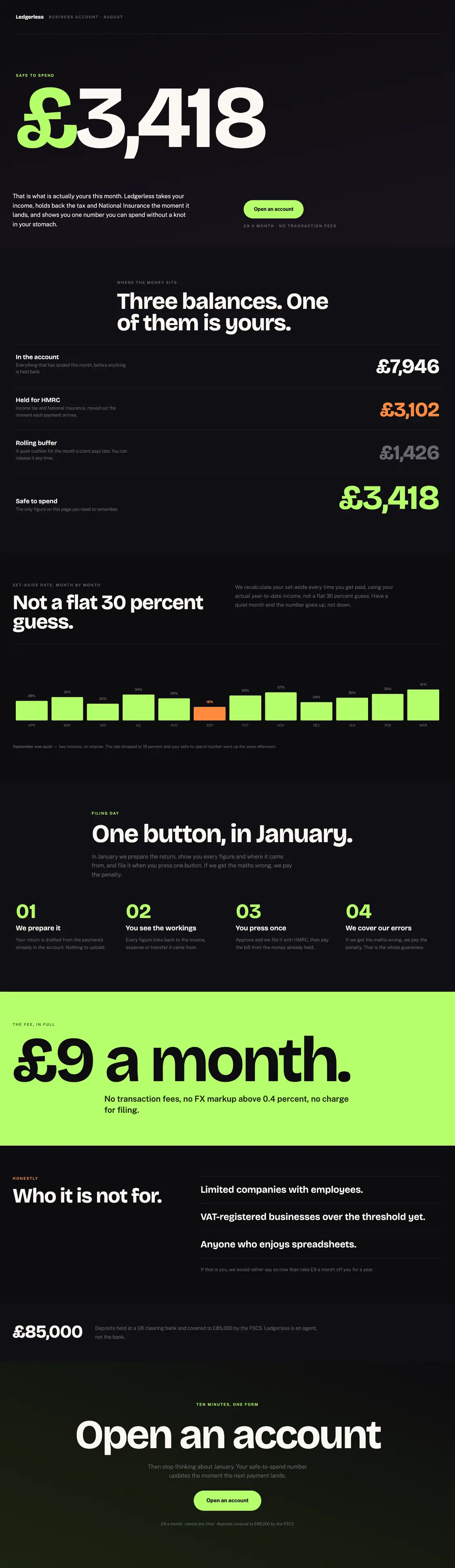 Full-page desktop capture of the Ledgerless landing page