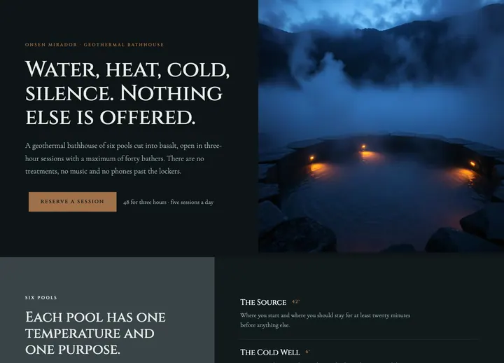 Top of the Onsen Mirador landing page