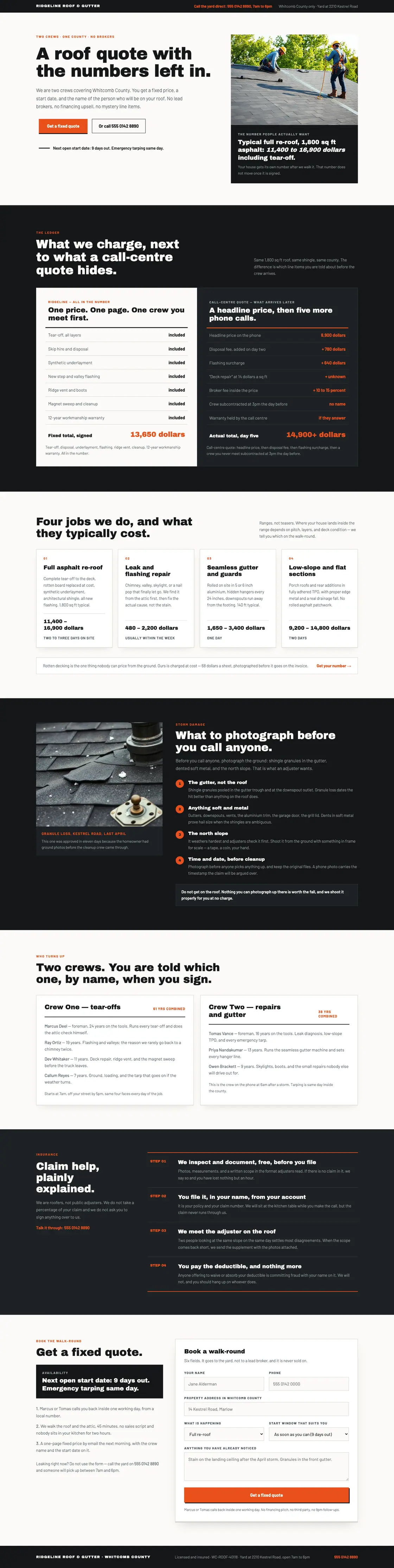 Full-page desktop capture of the Ridgeline Roof & Gutter landing page