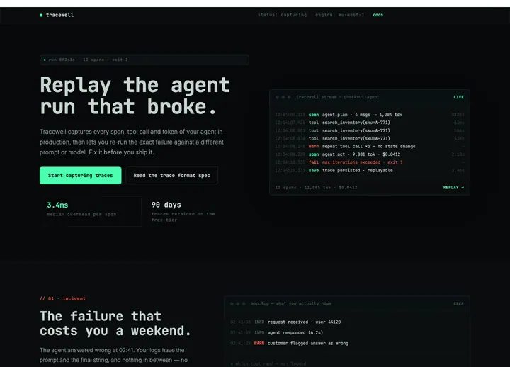 Top of the Tracewell landing page