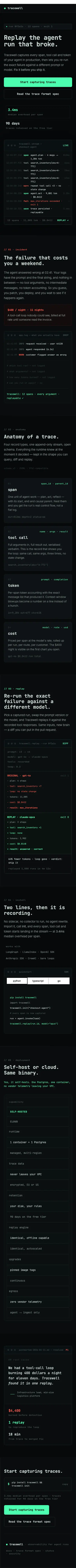 Full-page mobile capture of the Tracewell landing page